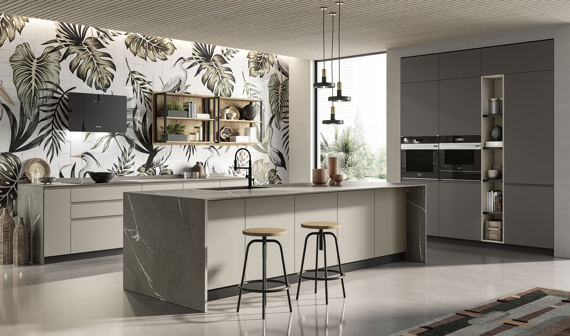 Cucina contemporanea con isola rivestita effetto pietra